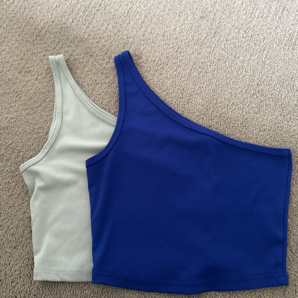 Elegant One-Shoulder Ribbed Crop Tops - Blue And Gray